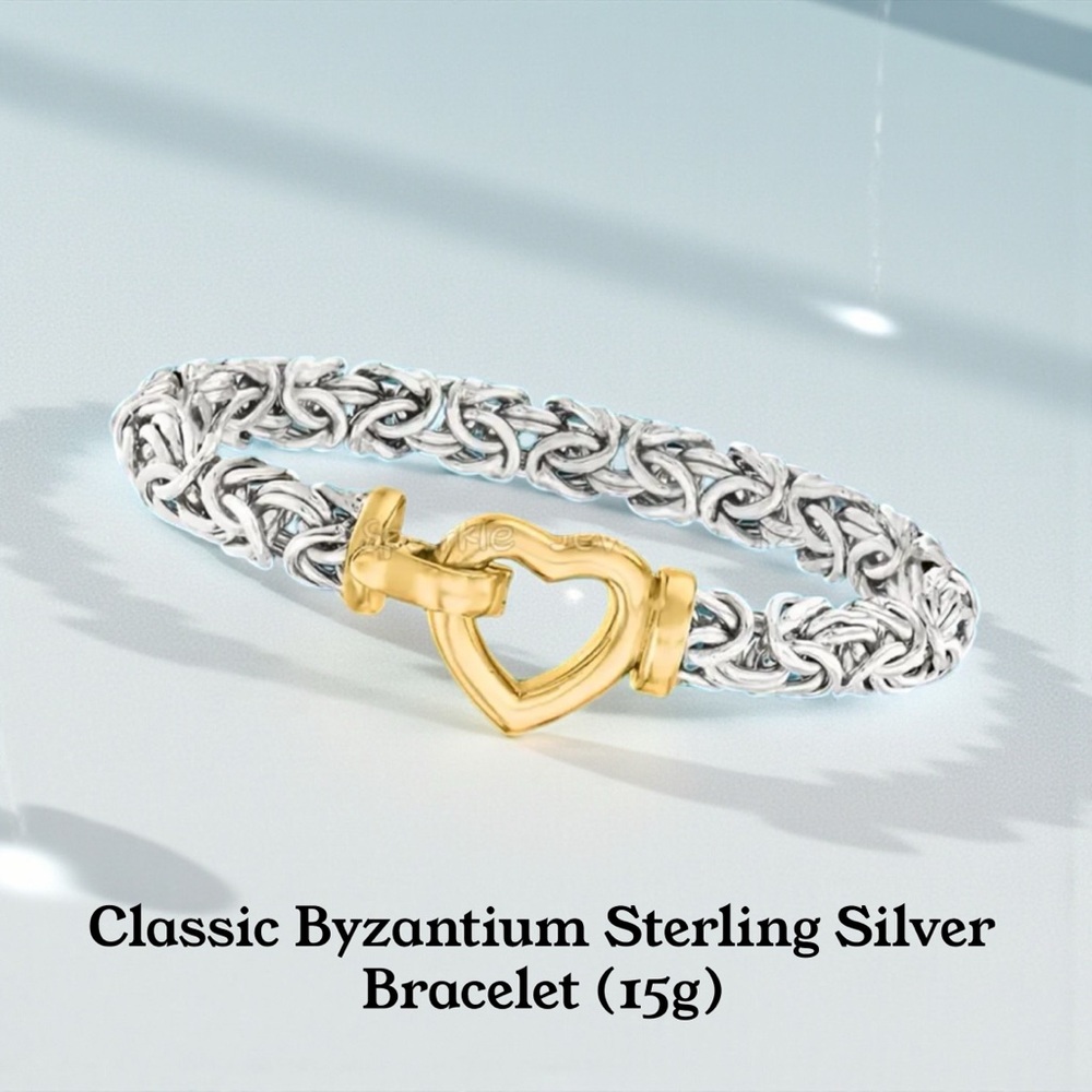 Sterling Silver Byzantine Bracelet with Gold Heart Clasp